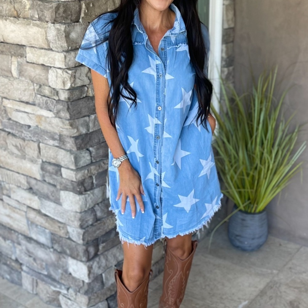 Sky Blue Stars Frayed Hem Collared Short Sleeve Denim Dress